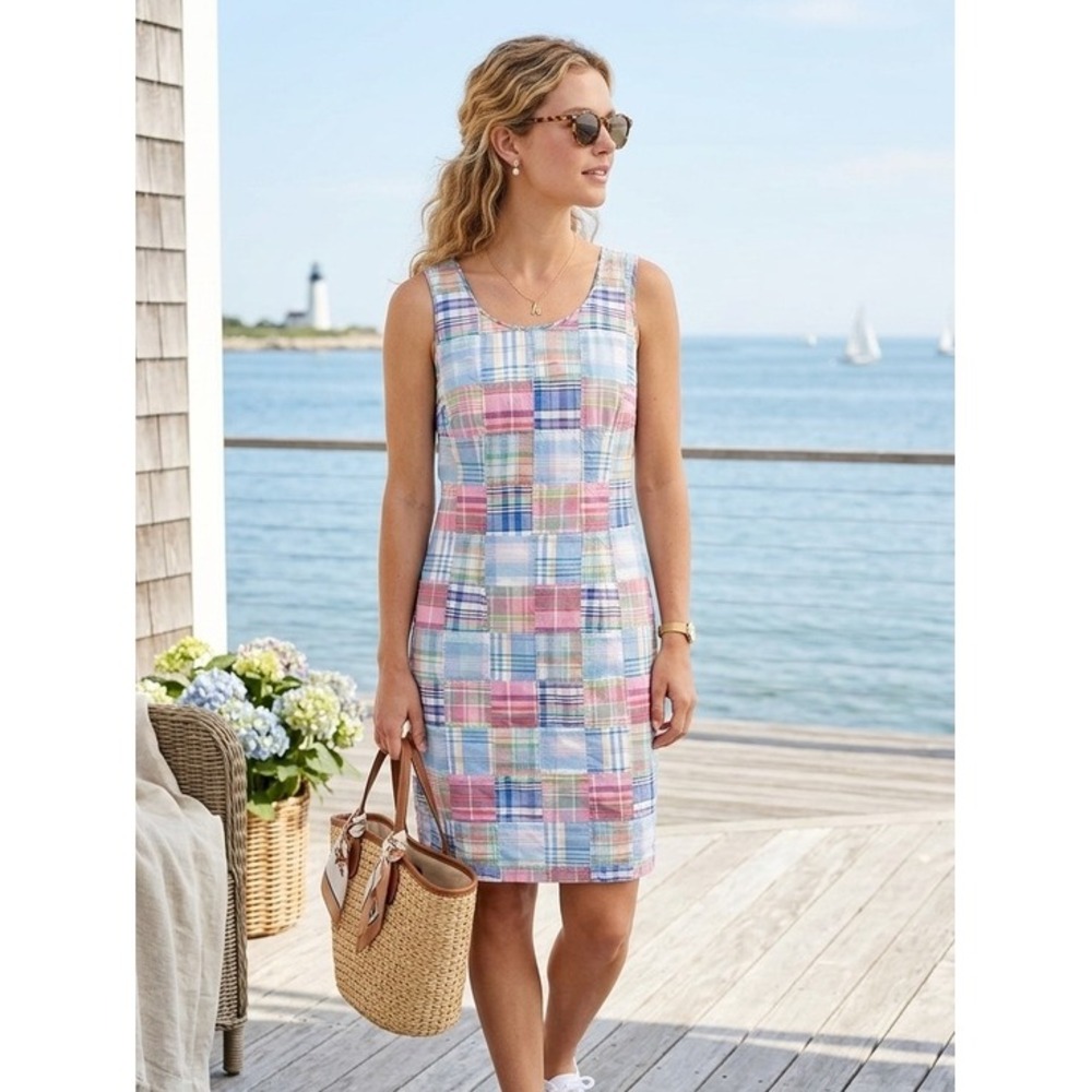L.L. Bean Multi-Color Pastel Plaid Patchwork Shift Dress 4 Coastal Preppy